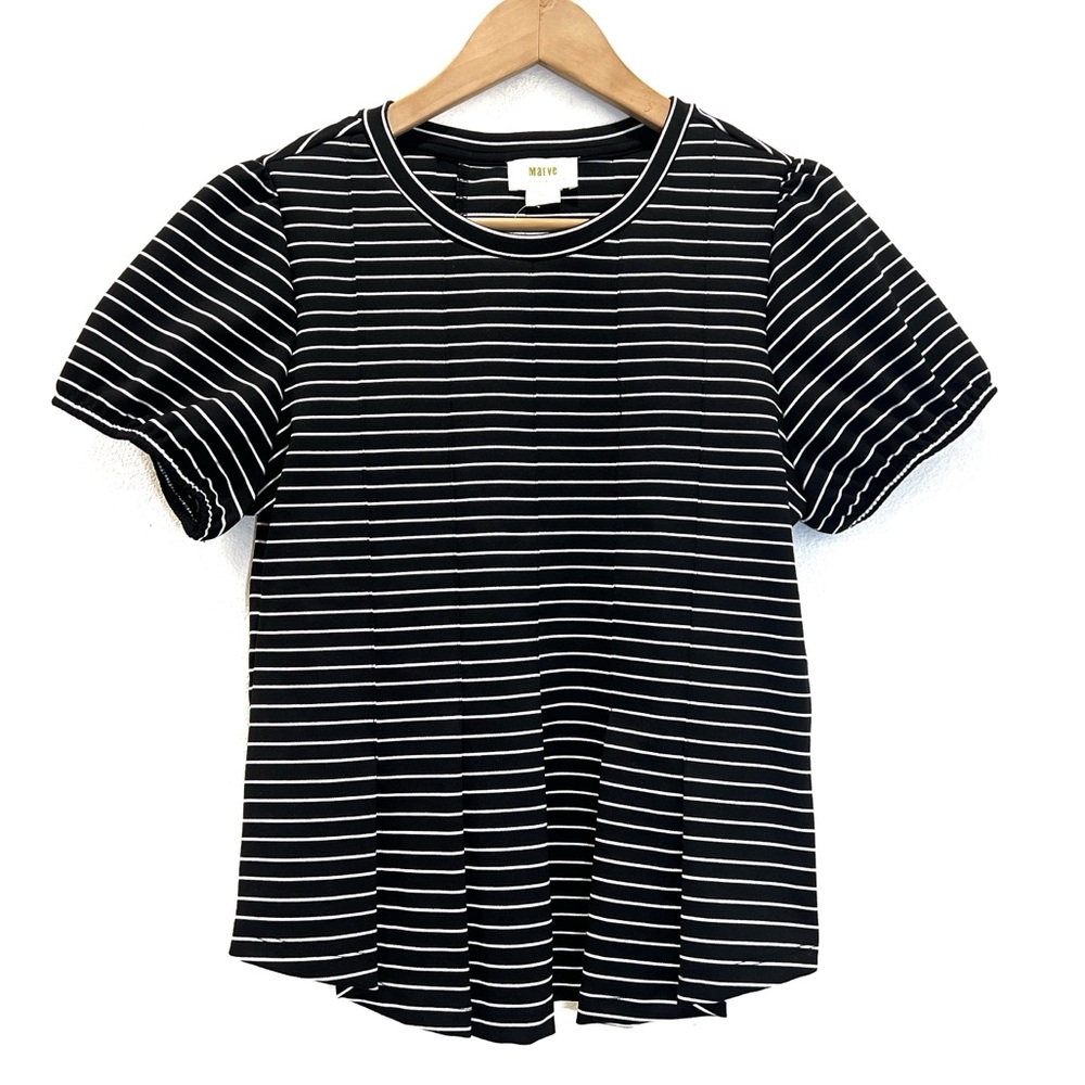 Anthropologie Maeve Black and White Fitted Ribbed Short Sleeve Tee - Picture 2 of 8